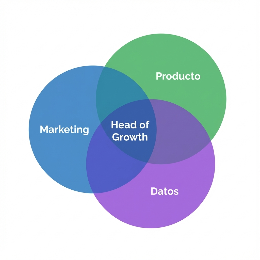Diagrama de Venn: Head of Growth en la intersección de Marketing, Producto y Datos