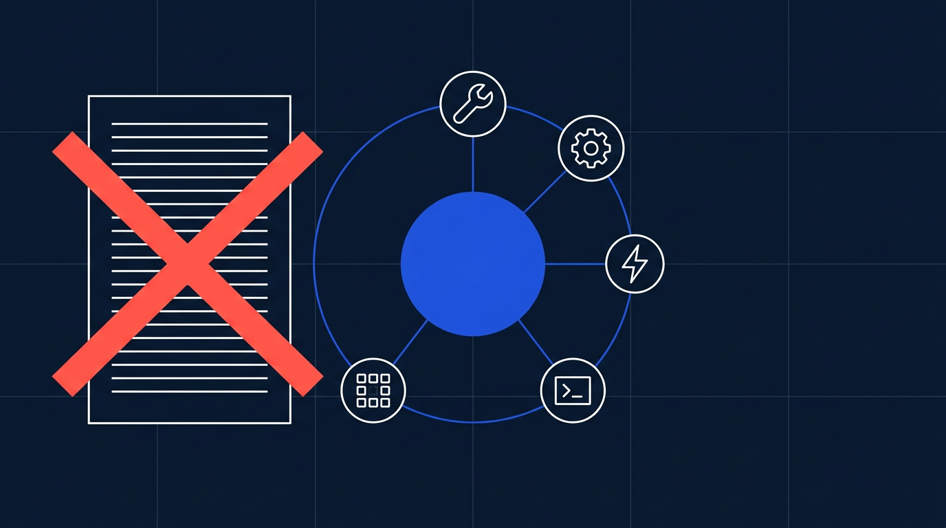 Figura autonoma rodeada de herramientas simples representando autosuficiencia en IA, rechazando un contrato largo y optando por construir su propio sistema interno