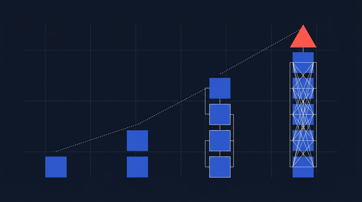 Secuencia ascendente mostrando la evolucion de un sistema interno de IA: desde una automatizacion simple hasta un ecosistema completo de multiples automatizaciones conectadas