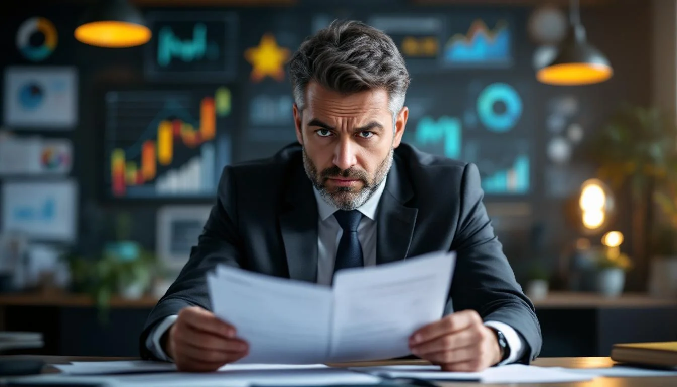 Persona de negocios con lupa examinando un contrato y facturas, expresión de escepticismo saludable, fondo de oficina co