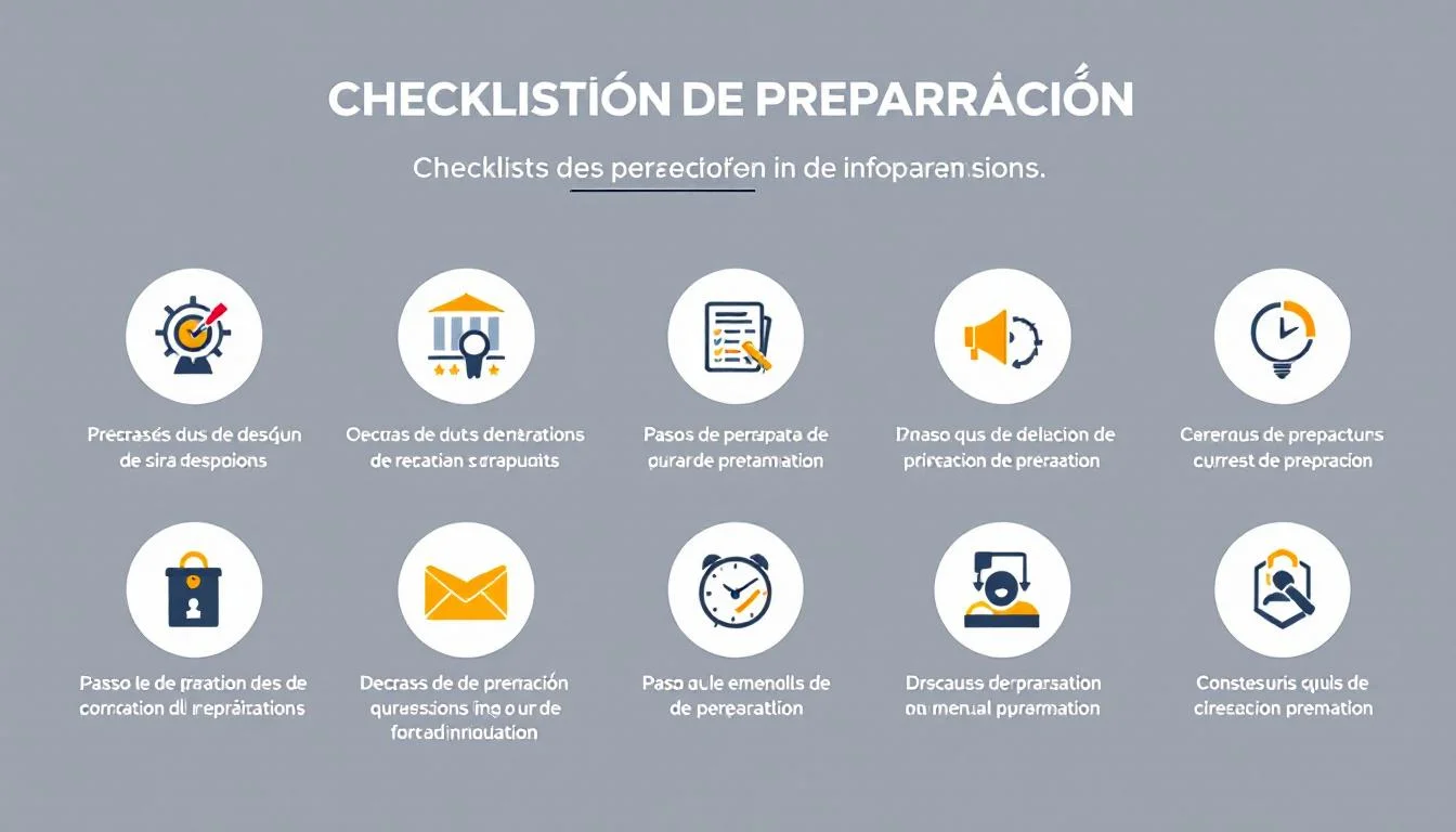 Checklist visual de preparación mostrando los 6 pasos de preparación con iconos representativos para cada uno, estilo in