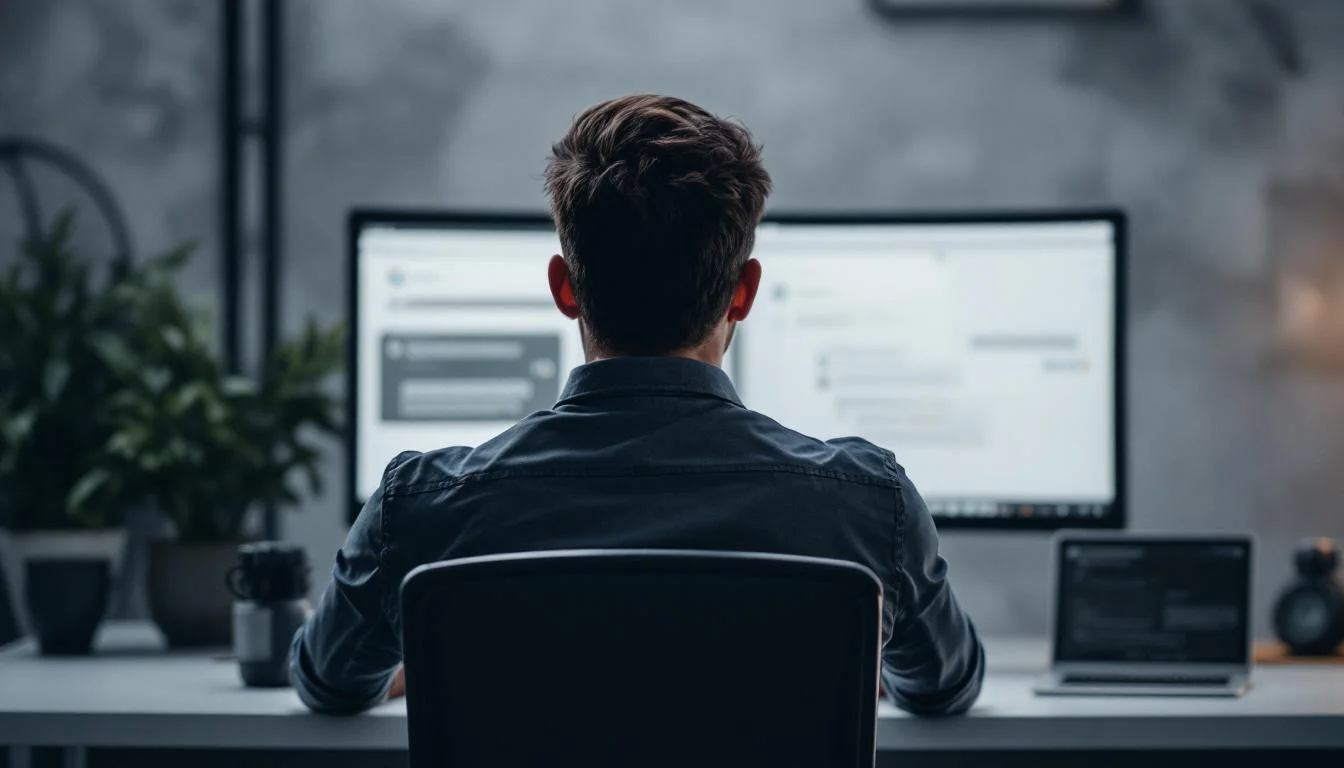 Marketer solo frente a pantalla con ChatGPT abierto. Atrás, difuminados y en escala de grises, los logos de Google y Met