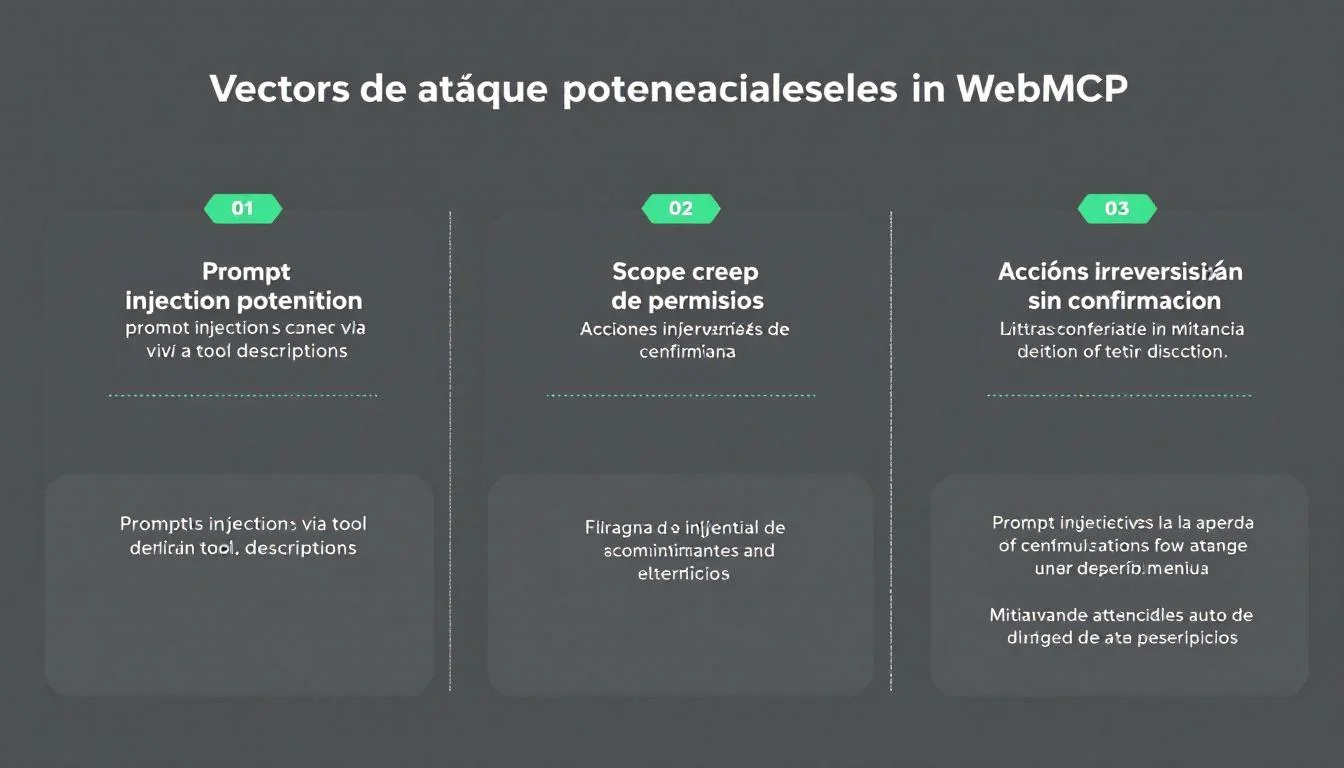 diagrama mostrando tres vectores de ataque potenciales en WebMCP — prompt injection via tool descriptions, scope creep de permisos, acciones irreversibles sin confirmación — con un escudo verde en cada uno mostrando la mitigación correspondiente de la especificación