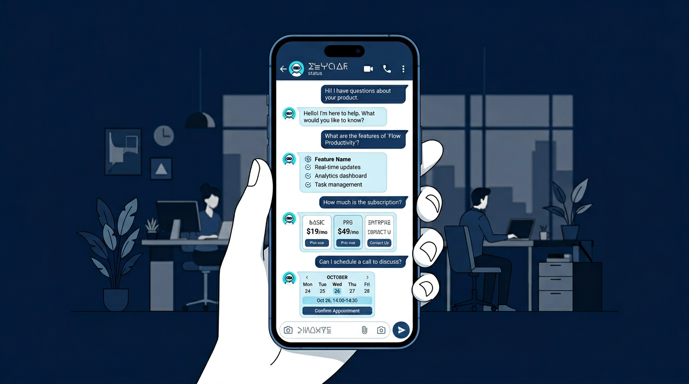 pantalla de smartphone mostrando una conversación fluida de WhatsApp Business con un agente de IA que responde preguntas