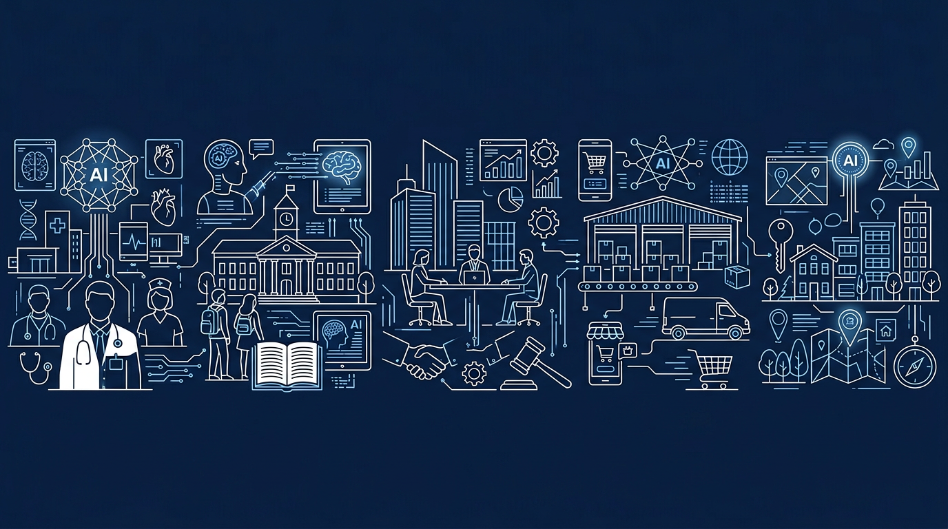 collage de 5 industrias — inmobiliaria, e-commerce, servicios profesionales, educación, salud — con iconos representativ