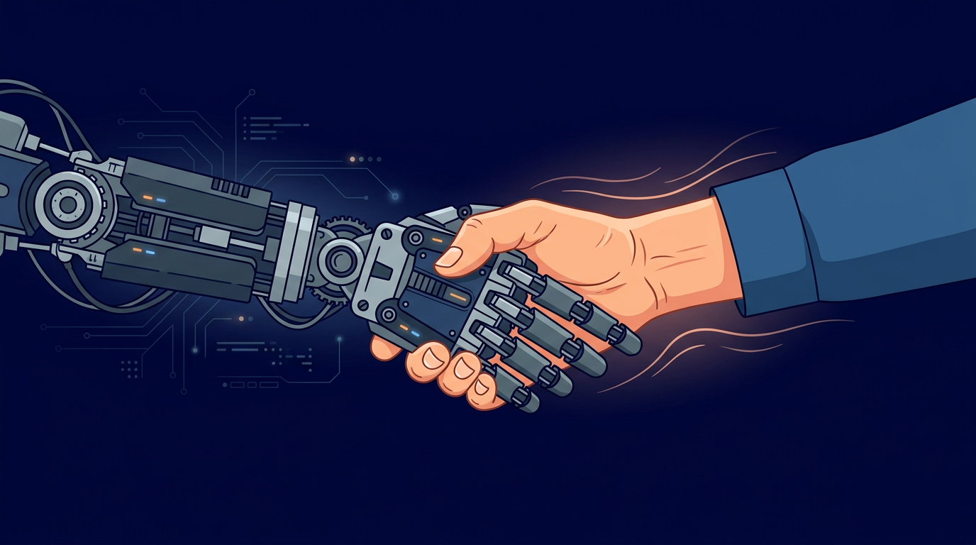 ilustración conceptual de un robot intentando dar un apretón de manos humano, la mano humana tiene calidez y textura, la