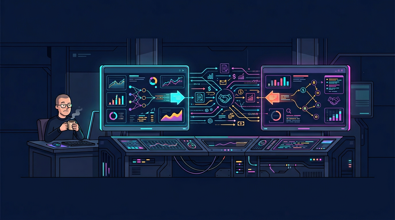 ilustración futurista de dos pantallas de IA negociando entre sí automáticamente con datos y propuestas pasando entre el