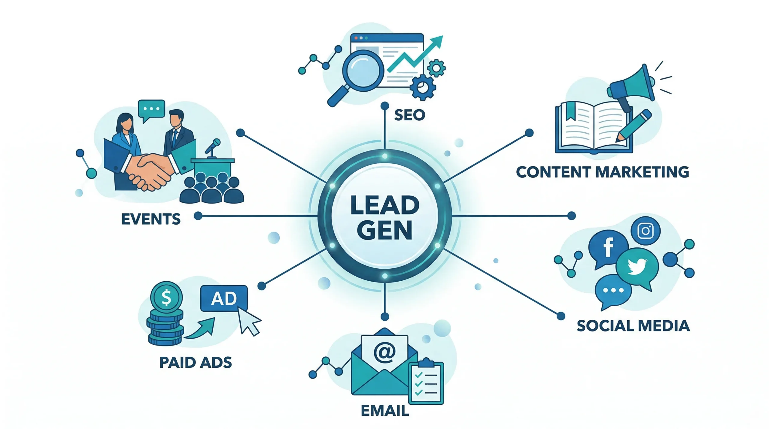Infografía de canales de generación de leads: SEO, content marketing, social media, email, paid ads y eventos