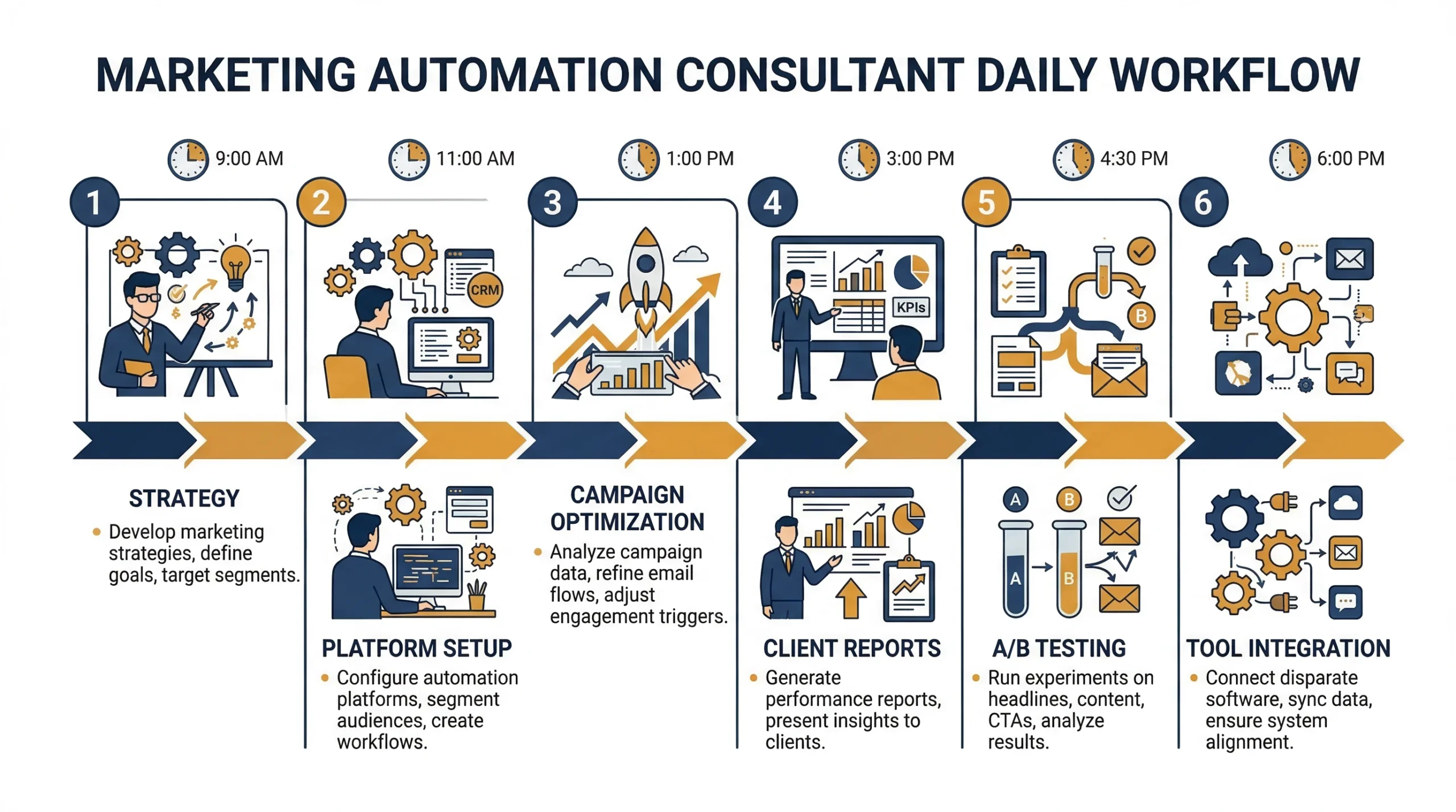 Infografía del flujo de trabajo diario de un marketing automation consultant