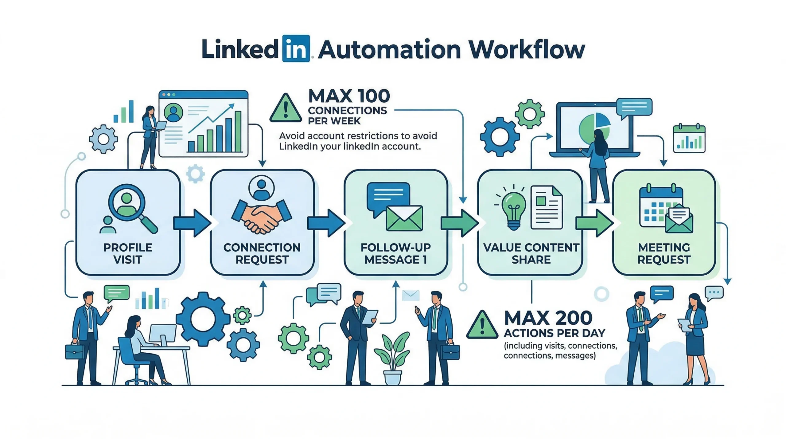 Flujo de automatización de LinkedIn con límites de seguridad: máximo 100 conexiones por semana y 200 acciones por día