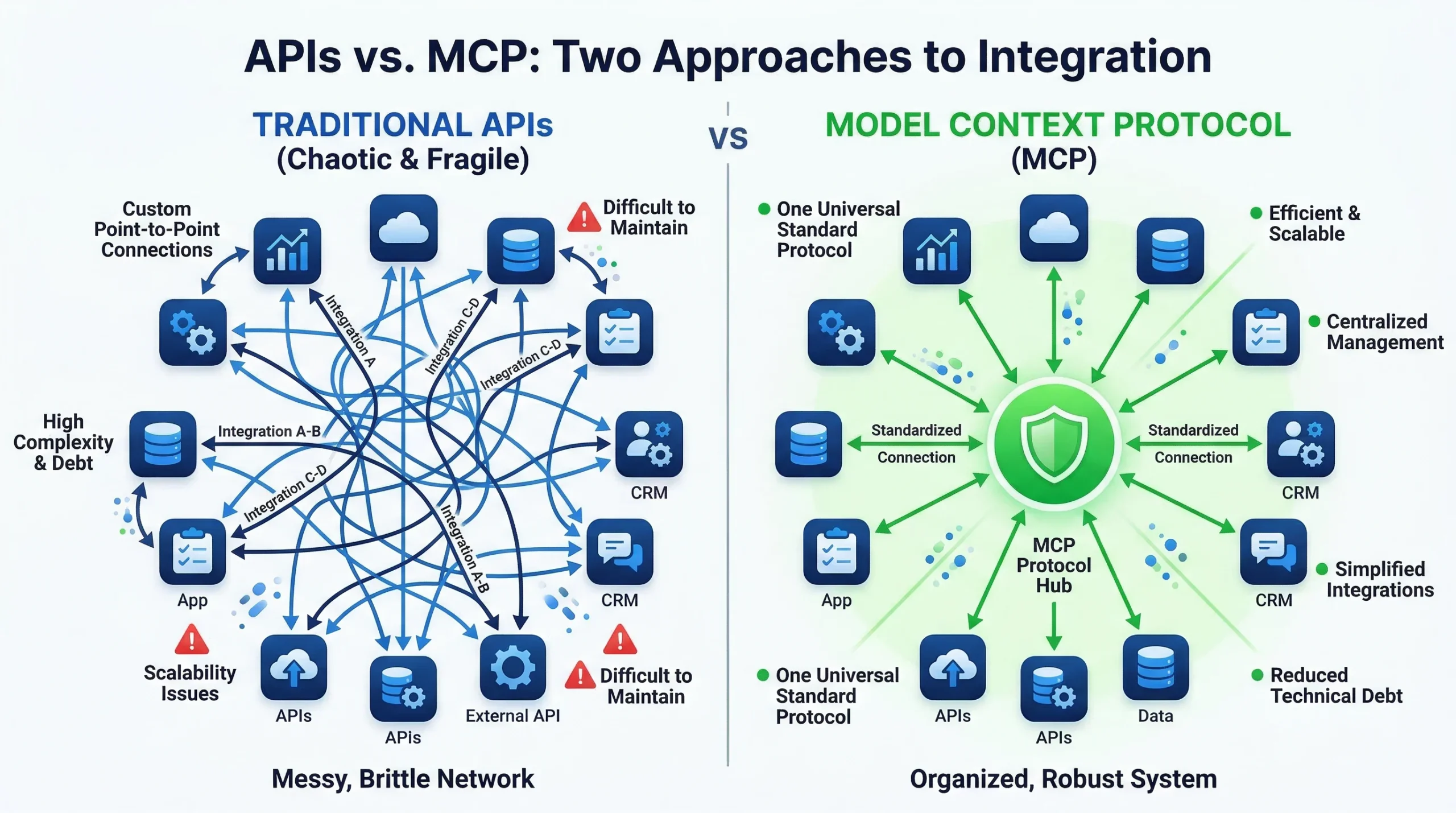 Comparación entre APIs tradicionales y MCP: conexiones N×M vs protocolo unificado