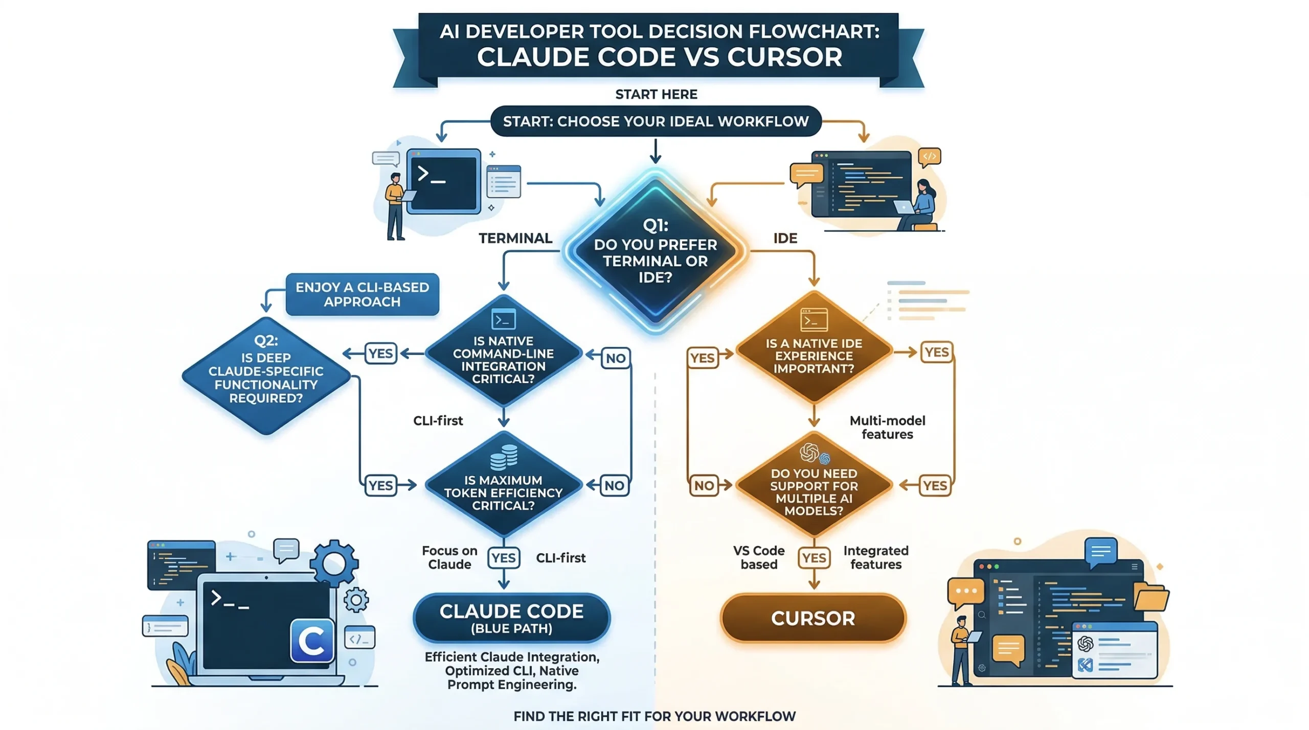 Diagrama de decisión para elegir entre Claude Code y Cursor según tu flujo de trabajo
