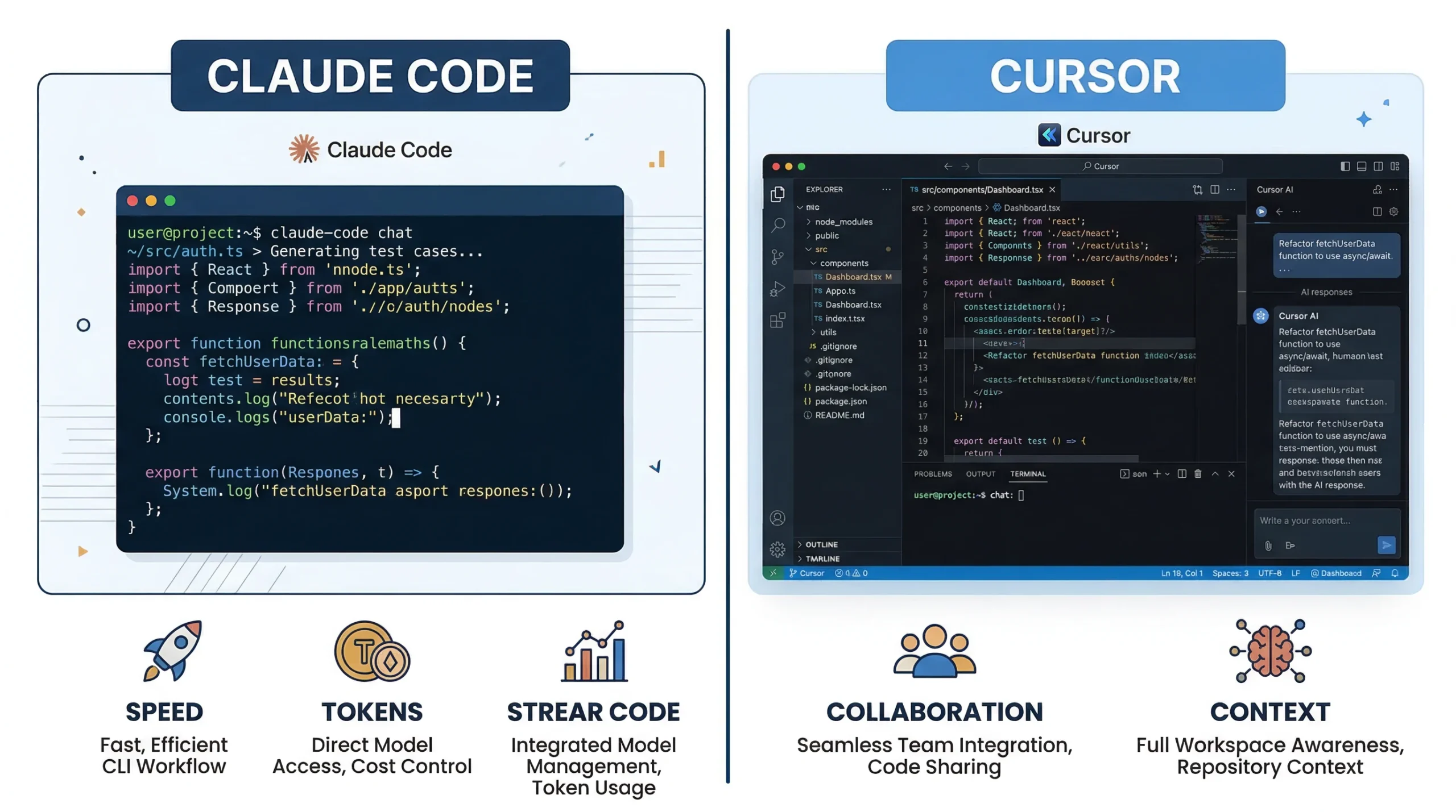 Comparación visual de Claude Code (terminal) vs Cursor (IDE) con características clave