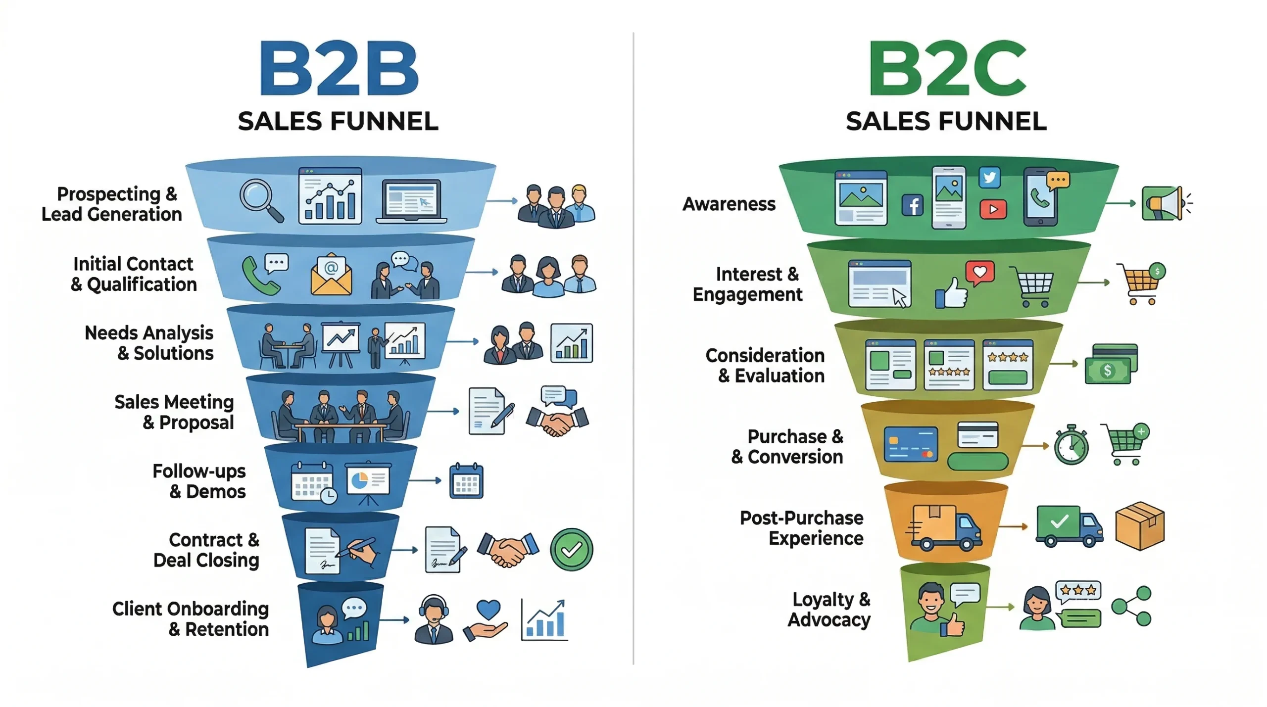 Comparación de embudo de ventas B2B vs B2C