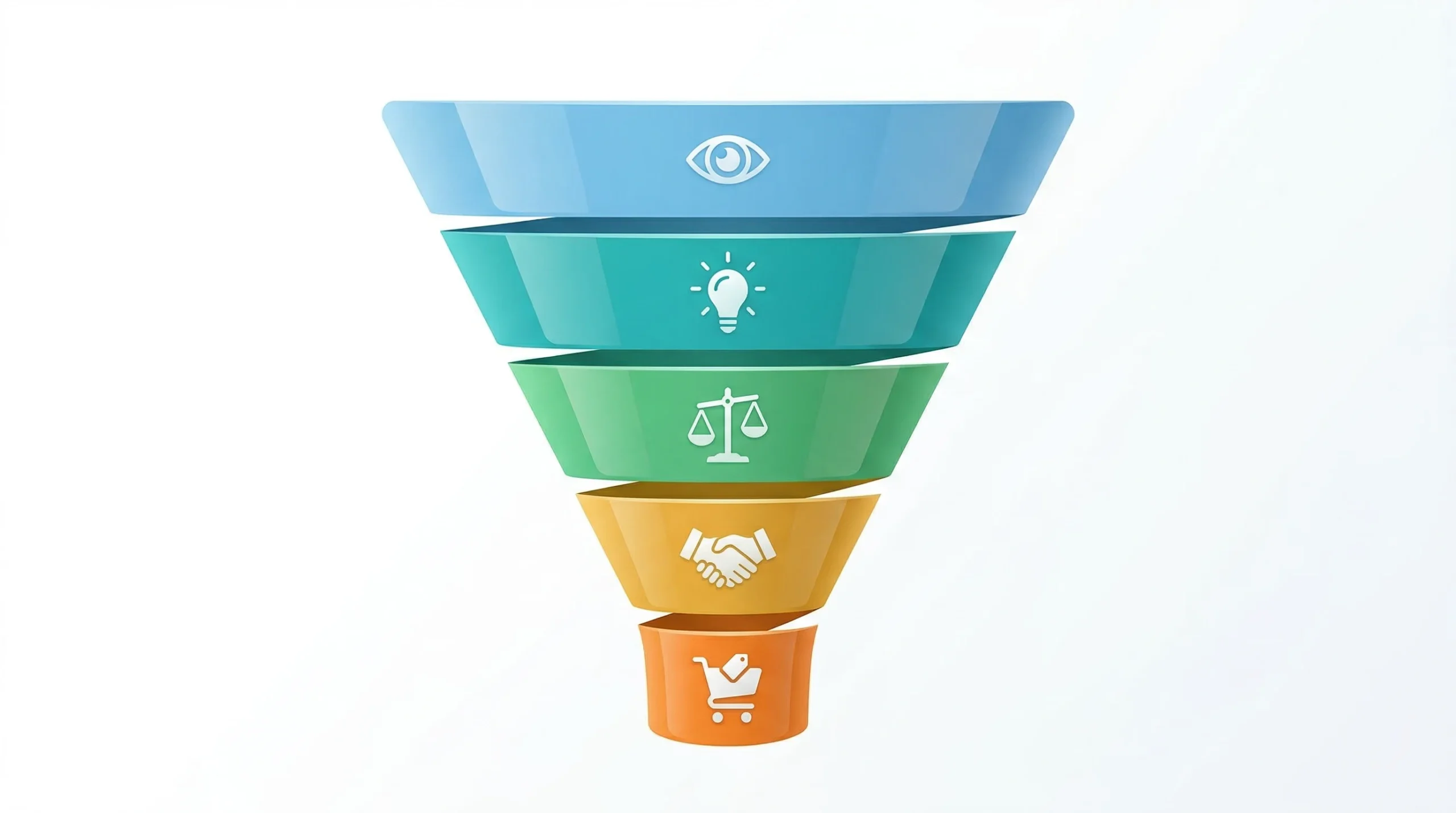 Etapas del embudo de ventas: descubrimiento, interés, consideración, decisión, acción