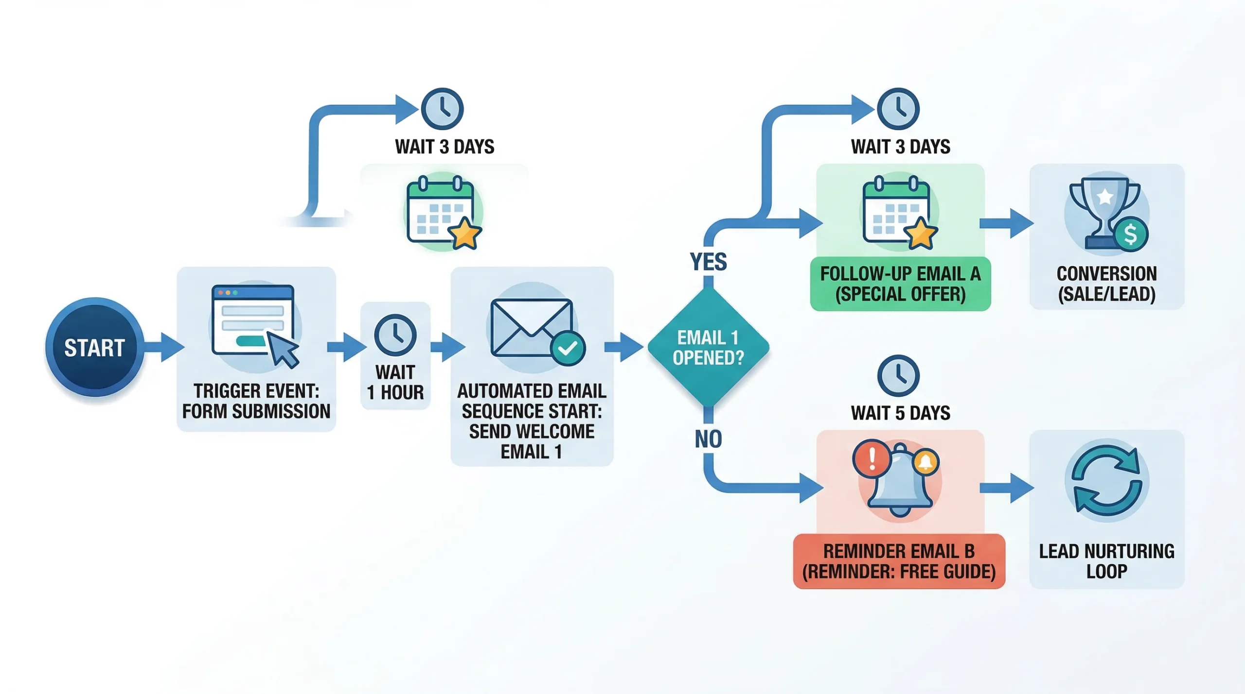 Flujo de automatización de email marketing con secuencias y lógica condicional