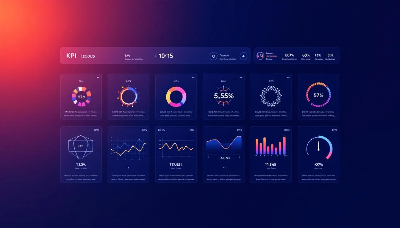 infografía vertical con 10 KPIs, cada uno con su ícono, fórmula y un gauge visual de benchmark, estilo dashboard profesional
