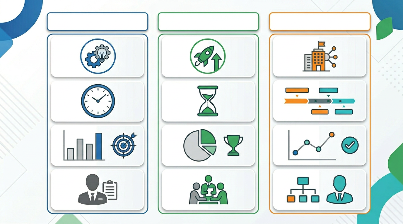 Infografia comparativa en 3 columnas con iconos, tiempos, KPIs y ownership, estilo editorial limpio, paleta corporativa 