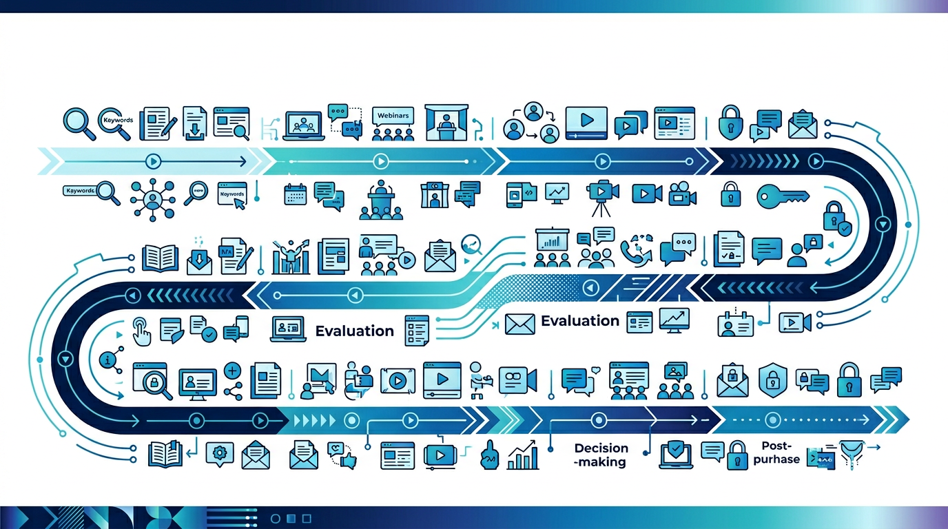infografia editorial horizontal, timeline de los 62 touchpoints del buyer B2B con iconos de canales privados, search, ev