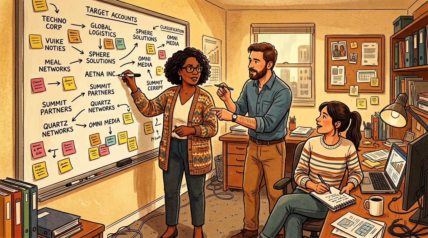 ilustracion editorial de tres personas en una oficina pequena, pizarron lleno de nombres de cuentas target, post-its ama