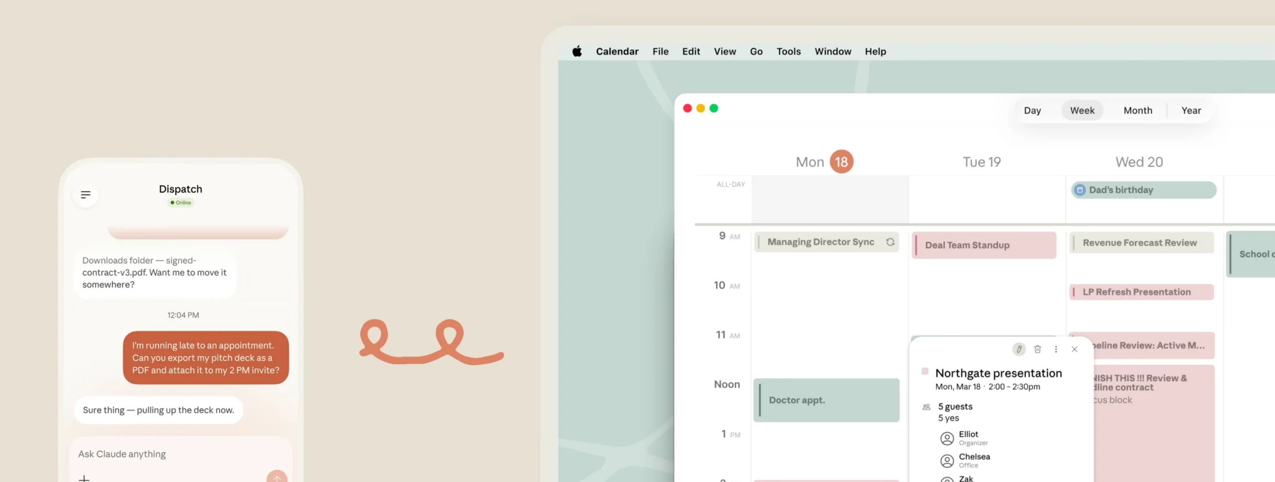 Claude Cowork ejecutando trabajo en el desktop a partir de una conversación de Dispatch desde el celular, mientras la agenda del día sigue corriendo en macOS Calendar