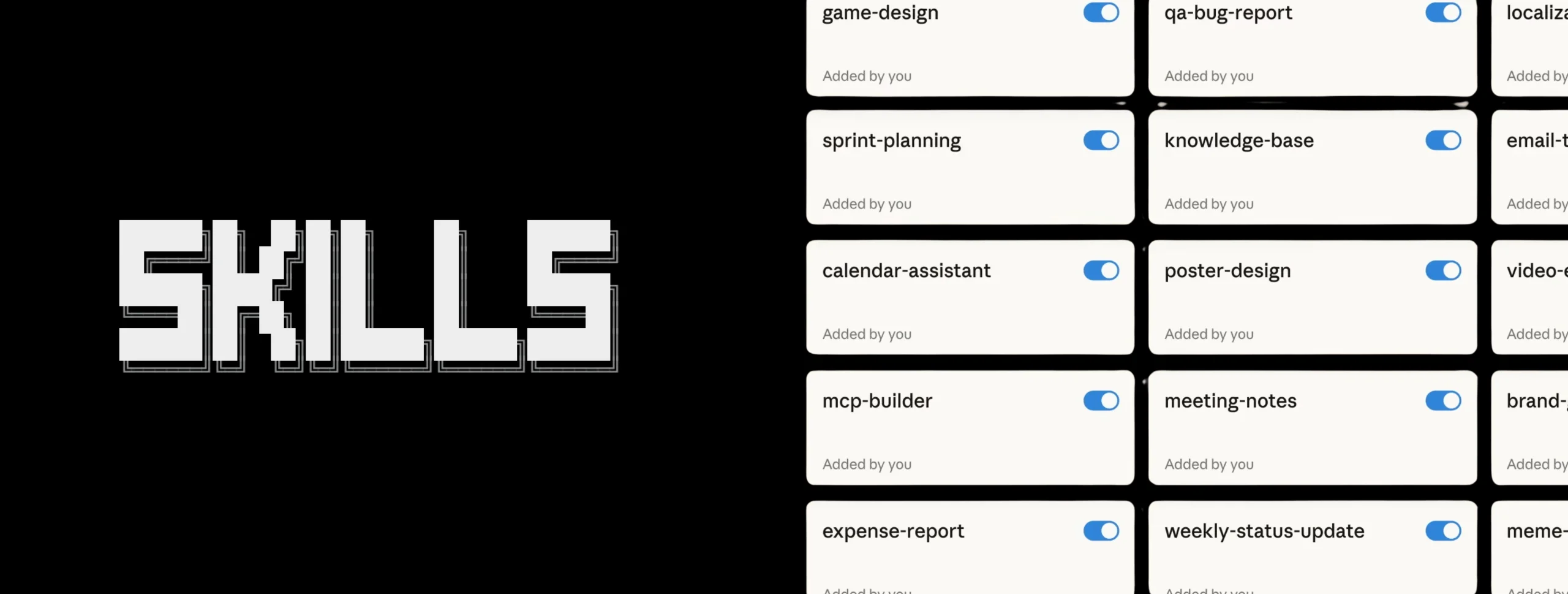 Grid de skills personalizados de Claude con toggles para activar cada capacidad: calendar-assistant, mcp-builder, sprint-planning, knowledge-base, qa-bug-report y muchos más