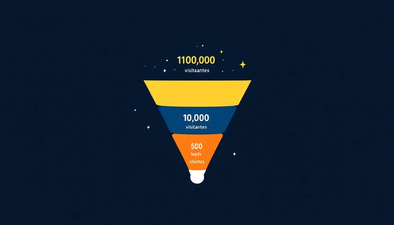 diagrama visual simple de un funnel con 3 capas (ancho arriba, estrecho abajo) mostrando el concepto de filtro progresivo, con números de ejemplo: 10,000 visitantes, 500 leads, 50 clientes, fondo blanco, estilo minimalista