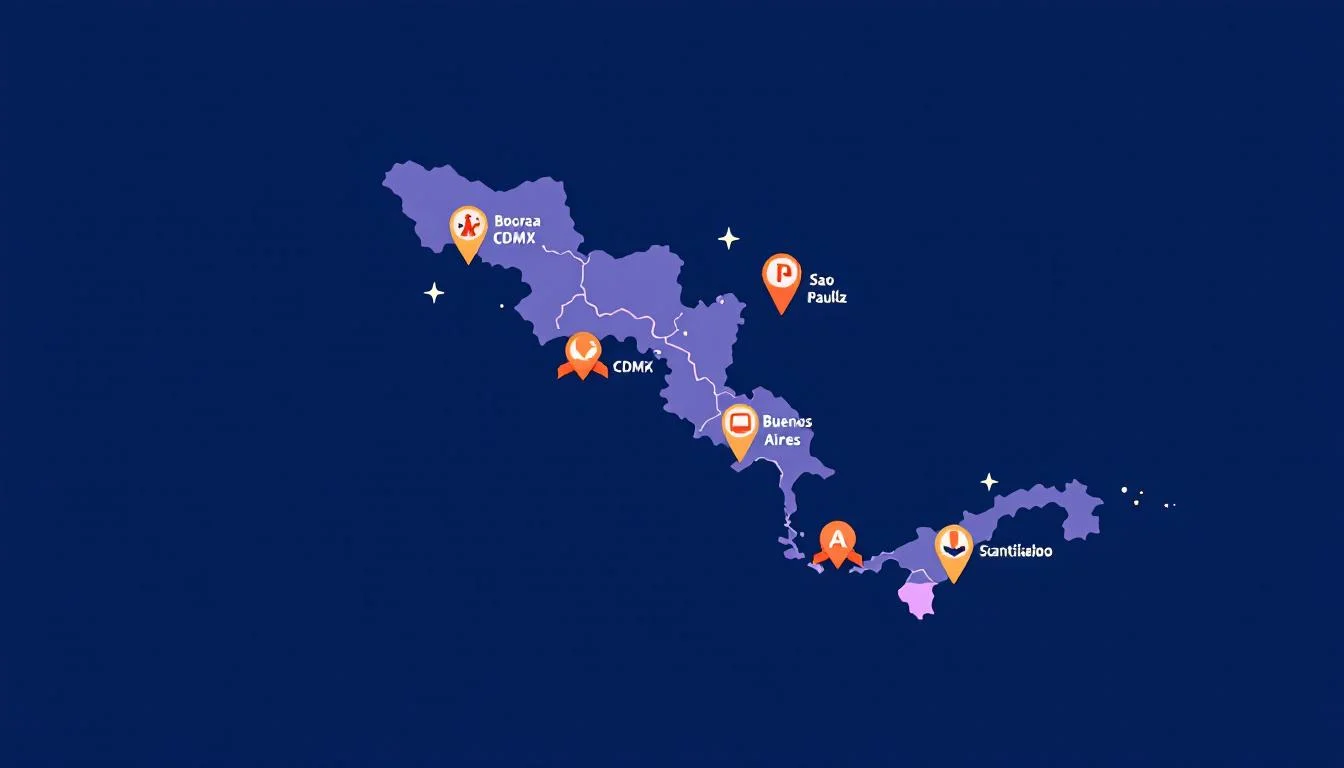 mapa de Latinoamérica con iconos de IA en ciudades principales, Bogotá, CDMX, São Paulo, Buenos Aires, Santiago, con indicadores de madurez digital en cada una