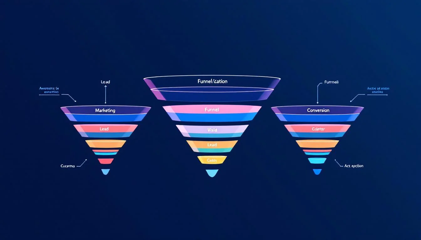 diagrama comparativo de 3 funnels lado a lado: funnel de marketing (awareness a lead), funnel de ventas (lead a cliente), funnel de conversión (visita a acción específica), mostrando zonas de solapamiento, colores diferenciados por tipo