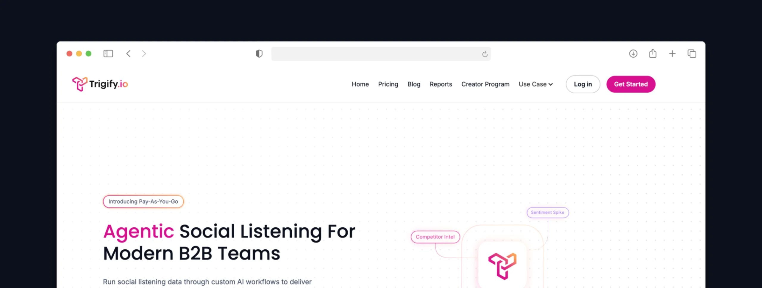 Página principal de Trigify, herramienta de social listening agentic para equipos B2B que se integra con Claude vía MCP
