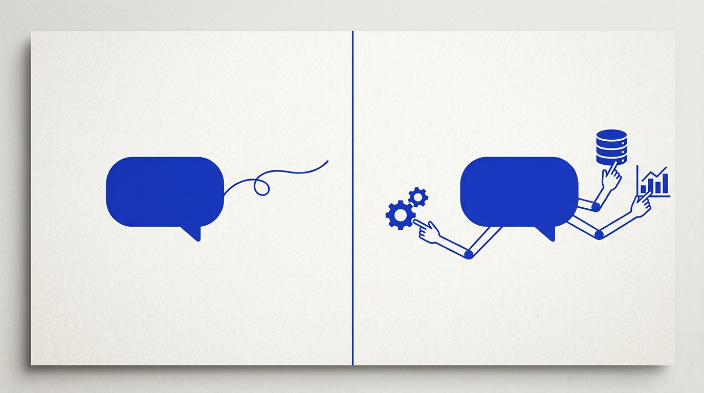Diptico conceptual sobre paper. A la izquierda, una burbuja de chat azul vacia con una linea de texto saliendo hacia nin