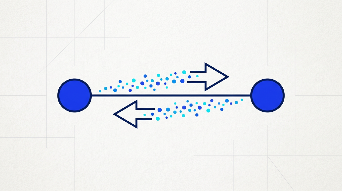 dos nodos azul #1B32F5 conectados por una flecha doble bidireccional, uno etiquetado agente, otro CRM, pequenas particul