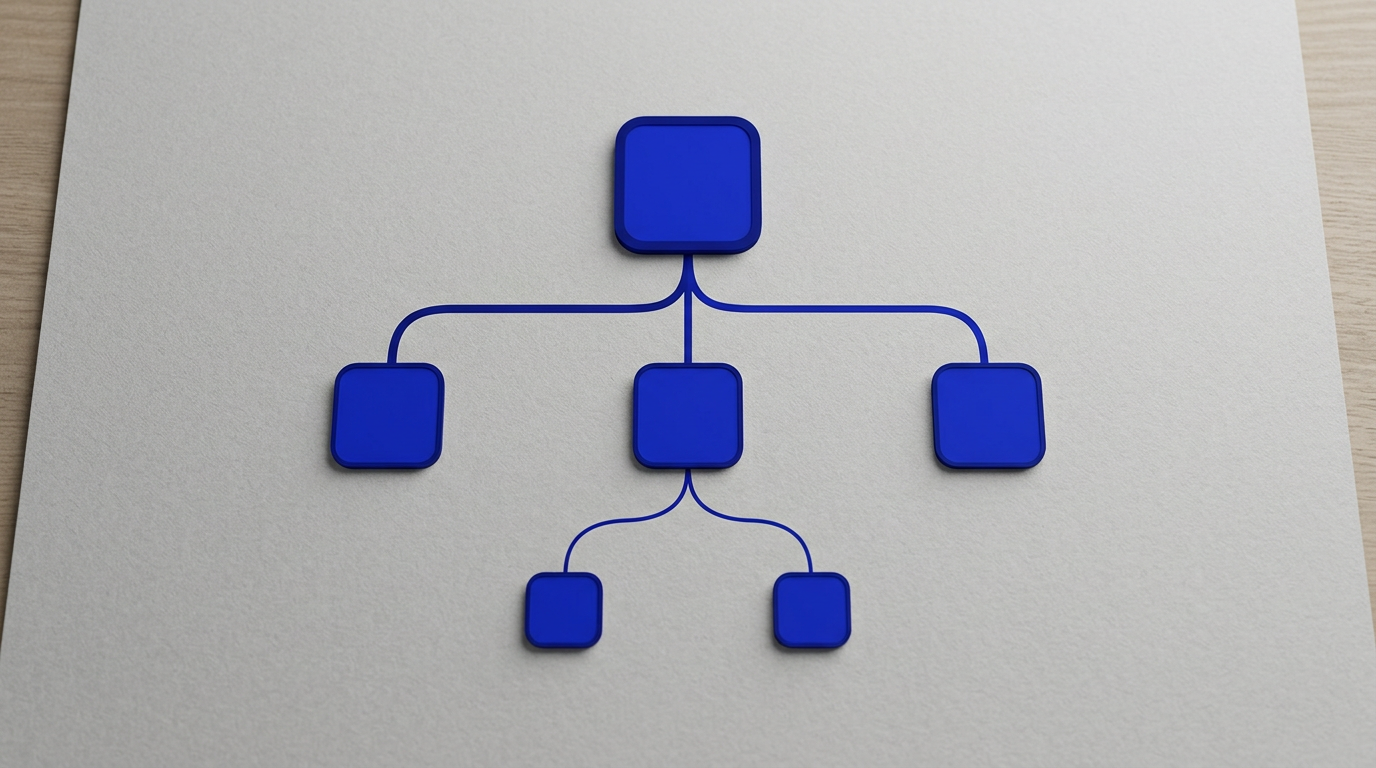 Estructura de arbol sobre paper. Un nodo raiz azul #1B32F5 grueso del que bajan ramas hacia tres nodos medianos, y de un