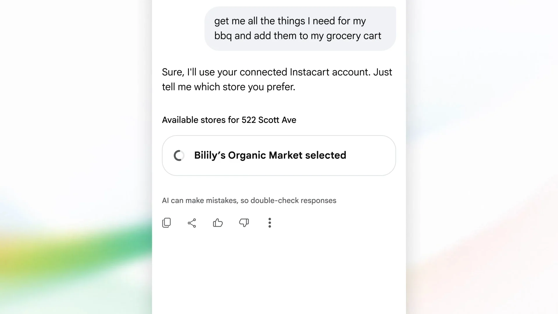 AI Mode de Google usando una cuenta conectada de Instacart para preparar un carrito de mercado