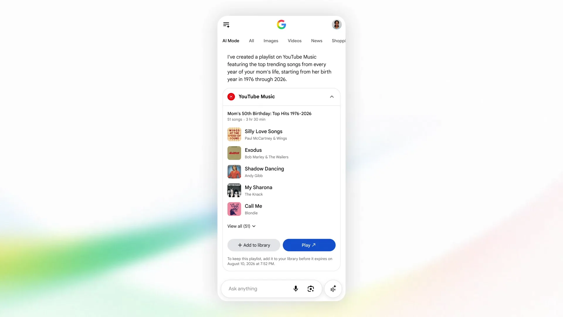 Lista de reproducción creada por AI Mode y presentada en una tarjeta de YouTube Music
