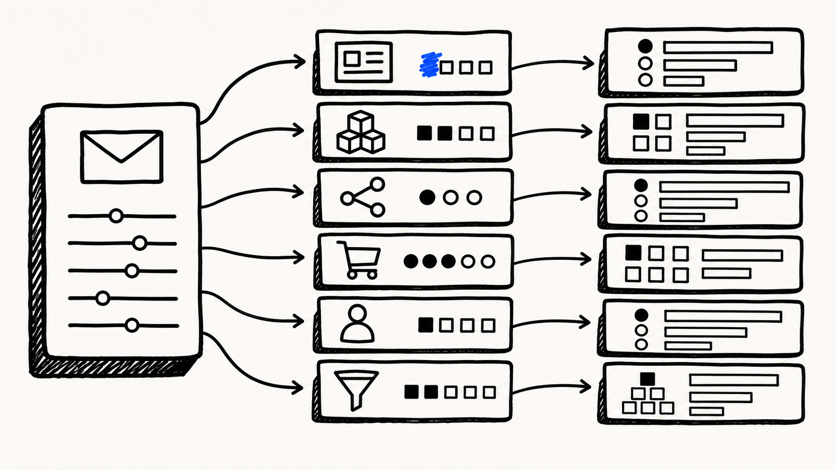 mapa de decisión conecta newsletter volumen automatización ecommerce creador y funnels con shortlists distintas sin coronas | fondo papel | acento #0061FE