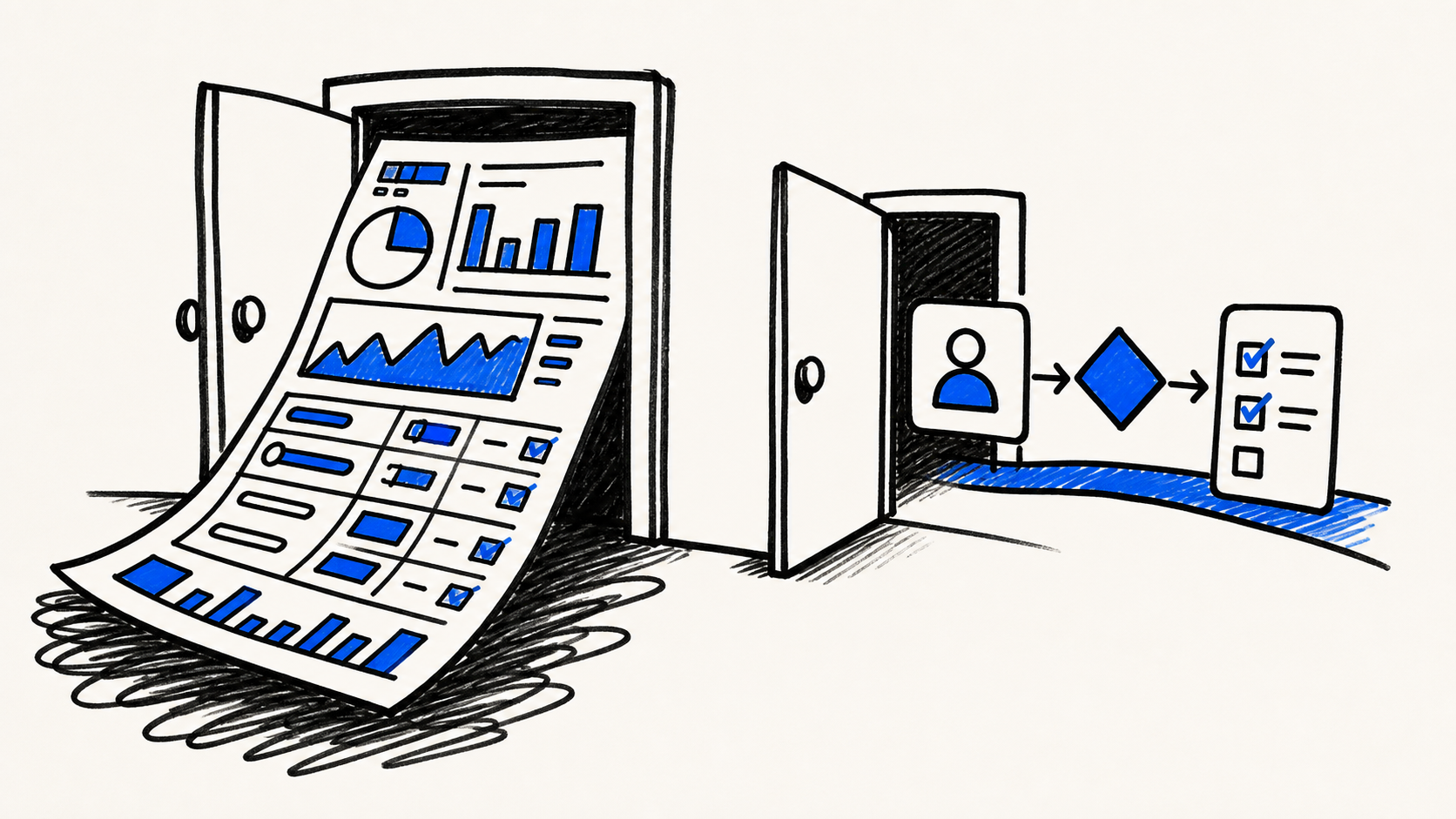 un dashboard gigante con muchas gráficas sale por una puerta como gasto mientras un flujo pequeño con owner decisión y tarea sale por otra como acción | fondo papel | acento #0061F
