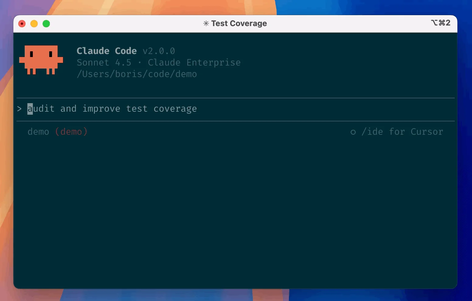 Captura del demo oficial de Claude Code ejecutándose en una terminal