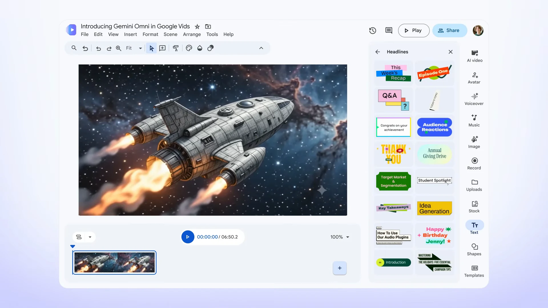 Interfaz de Google Vids con una escena de nave espacial generada por Gemini Omni