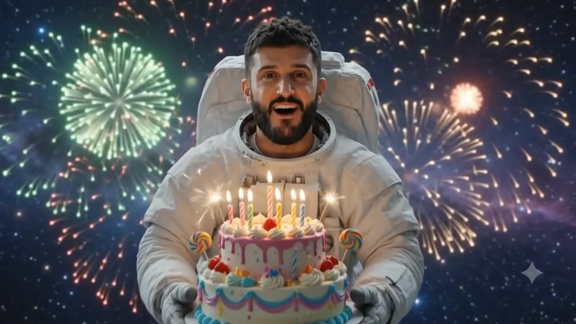 Avatar personal generado por Google Vids vestido como astronauta y sosteniendo una torta