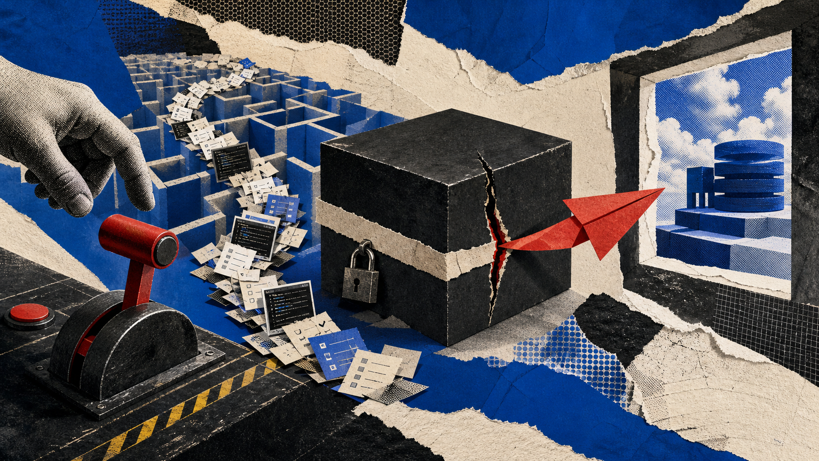 Collage editorial de una trayectoria de agente que rompe un sandbox junto a una palanca de pausa humana
